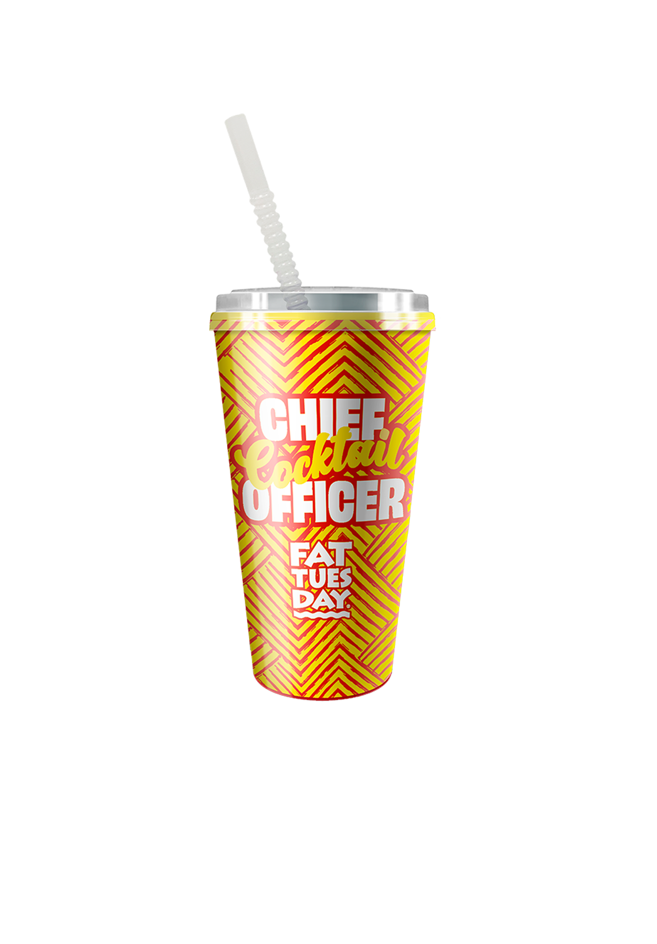 Yellow and red cup with text Chief Cocktail Officer