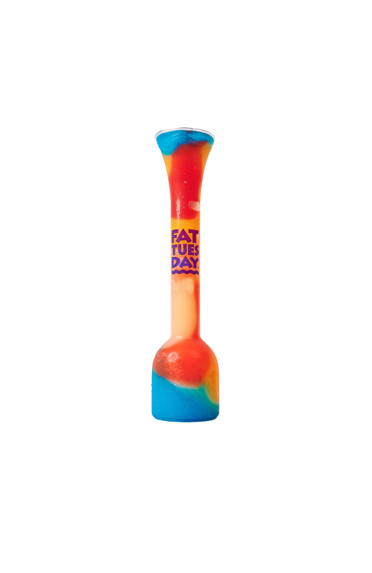 Very colourful frozen drink in tall cup