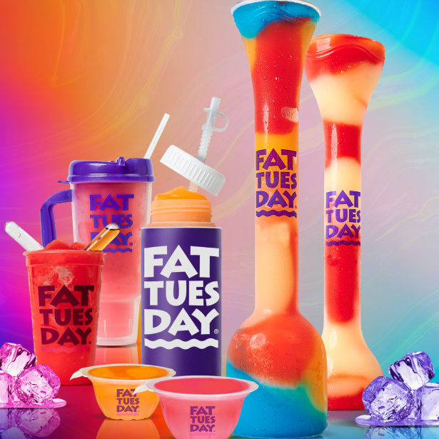 Assortment of Fat Tuesday drinks with a lot of colour and crazy-shaped cups